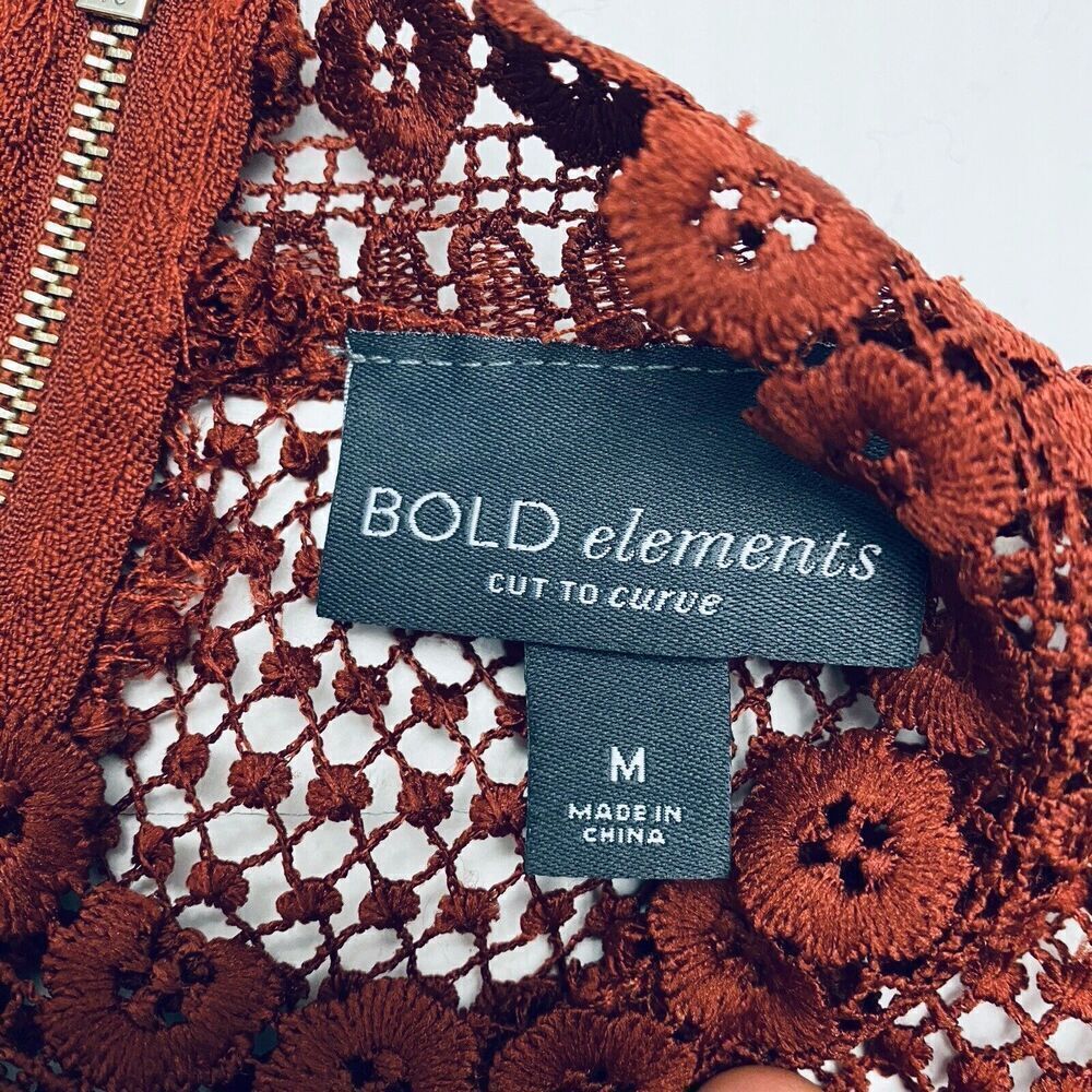 BOLD ELEMENTS LACEY Rust Orange Zipper Overlay Top SIze MEDIUM Bell Sleeve - Picture 6 of 15